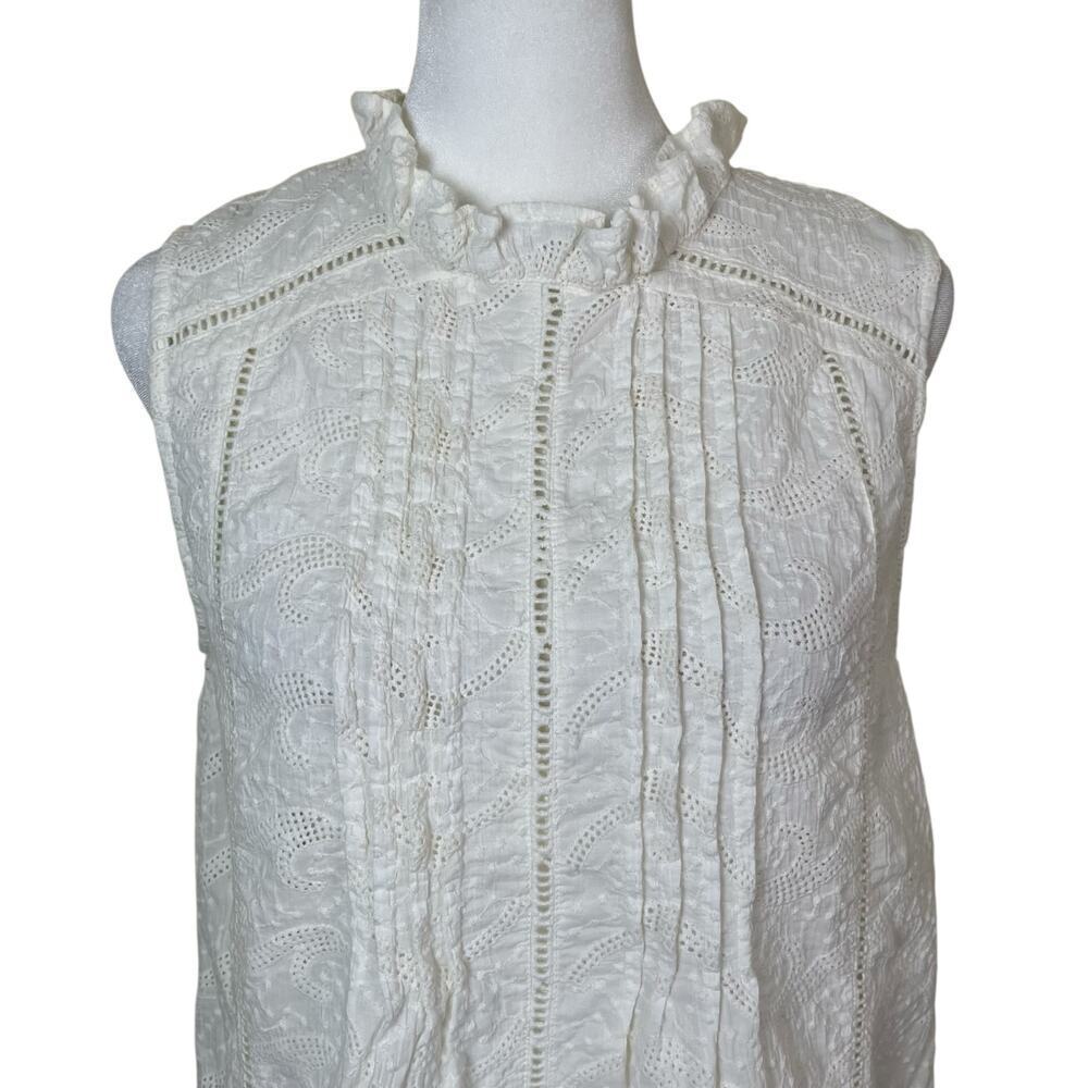 Sundance Sz S Ivory Sleeveless Blouse Crochet Eyelet Ruffled Trims Cotton - Picture 2 of 16
